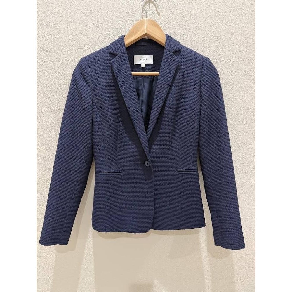REISS Isabella Navy Blue Textured Knit Blazer Single Button Jacket Womens Size 2